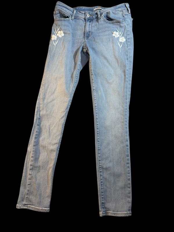 Levi's 711 Skinny Jeans Light Wash with White Flower Floral Embroidery W29 L30 - Image 1
