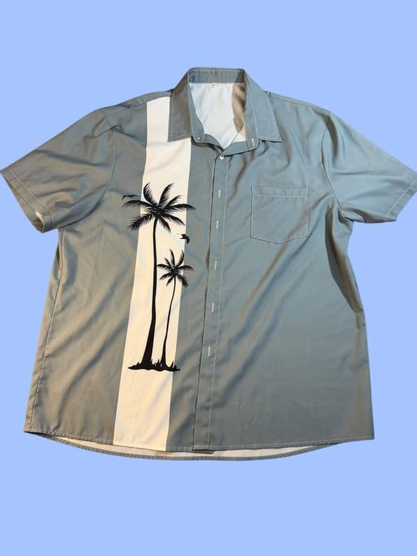 Men’s 1XL Short Sleeve Button Up Bowling Shirt Blue Palm Tree Graphic 100% Pol - Image 1