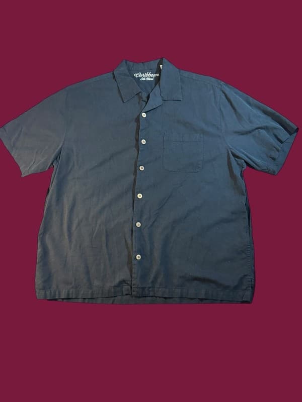 Caribbean Silk Blend Mens XL Black Short Sleeve Camp Collar Shirt - Image 1