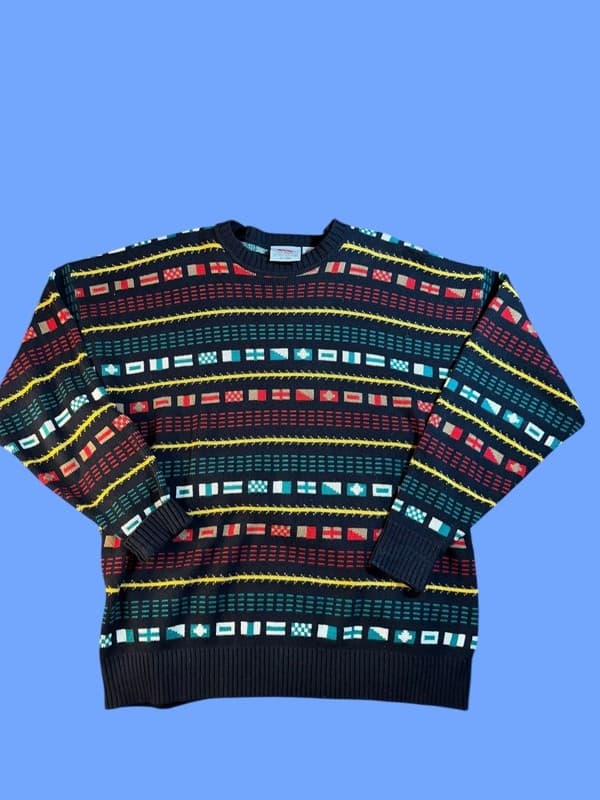 Vintage Canterbury of New Zealand 90s Nautical Flag Knit Sweater 1X Big - Image 1
