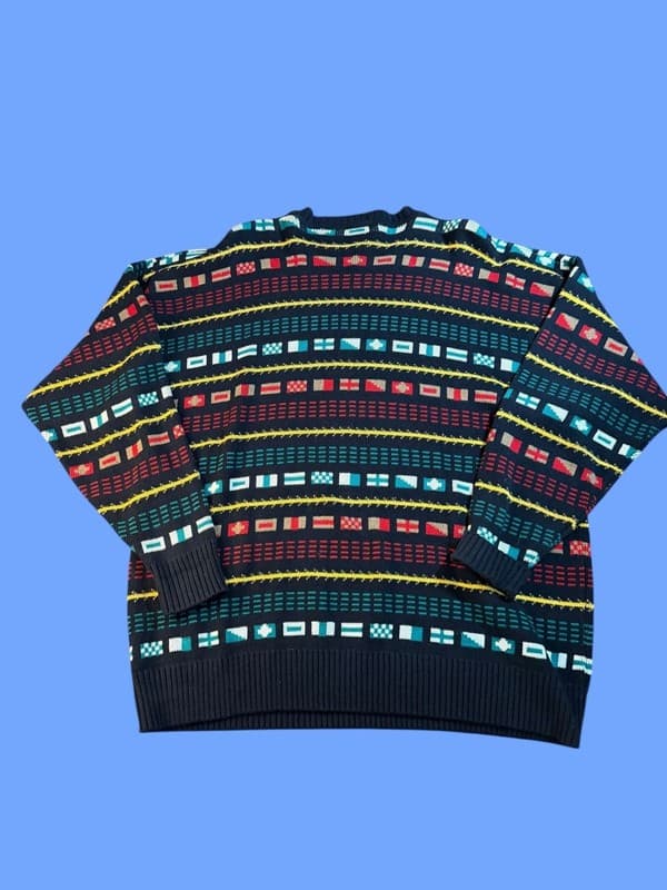 Vintage Canterbury of New Zealand 90s Nautical Flag Knit Sweater 1X Big - Thumbnail 2