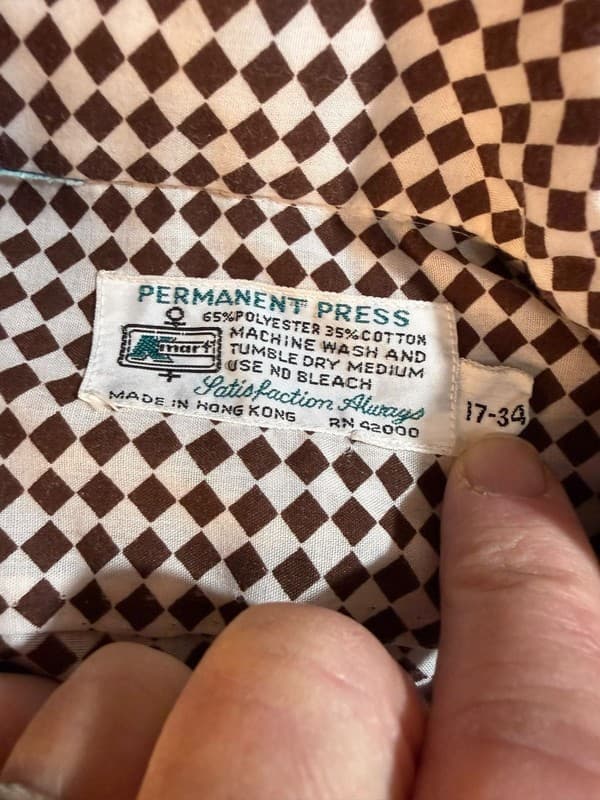 Vintage Kmart Permanent Press Brown Diamond Checkered Button Down Shirt 17-34 - Thumbnail 4