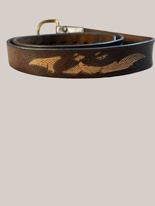 Vintage 70s/80s Brown Leather Eagle Belt Brass Buckle Biker Western Tooled 46” - Thumbnail 2