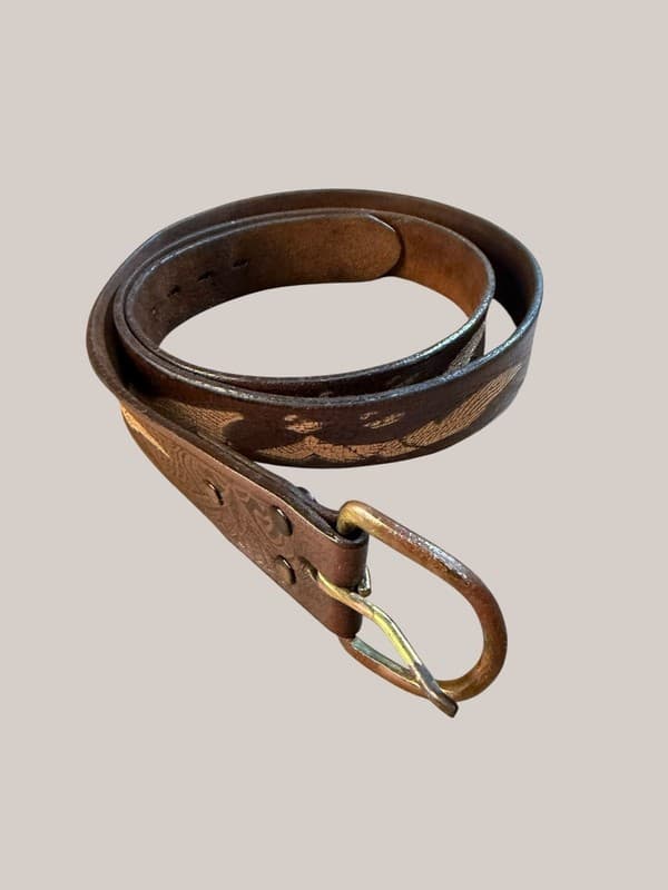 Vintage 70s/80s Brown Leather Eagle Belt Brass Buckle Biker Western Tooled 46” - Image 1