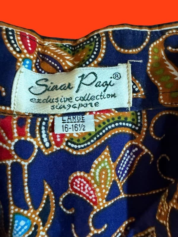 Vintage Sinar Pagi Singapore Batik Shirt Unisex L Floral Navy Blue 80s/90s - Thumbnail 3