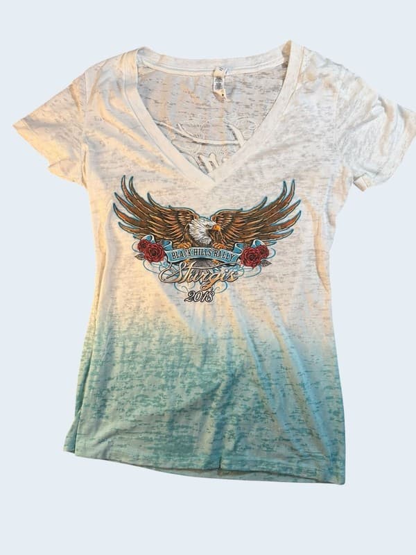 Womens Sturgis 2018 Black Hills Rally Eagle Graphic V-Neck T-Shirt Size L - Image 1