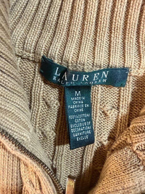 Lauren Ralph Lauren Women's Tan Cable Knit Full Zip Crest Cardigan Sweater M - Thumbnail 5