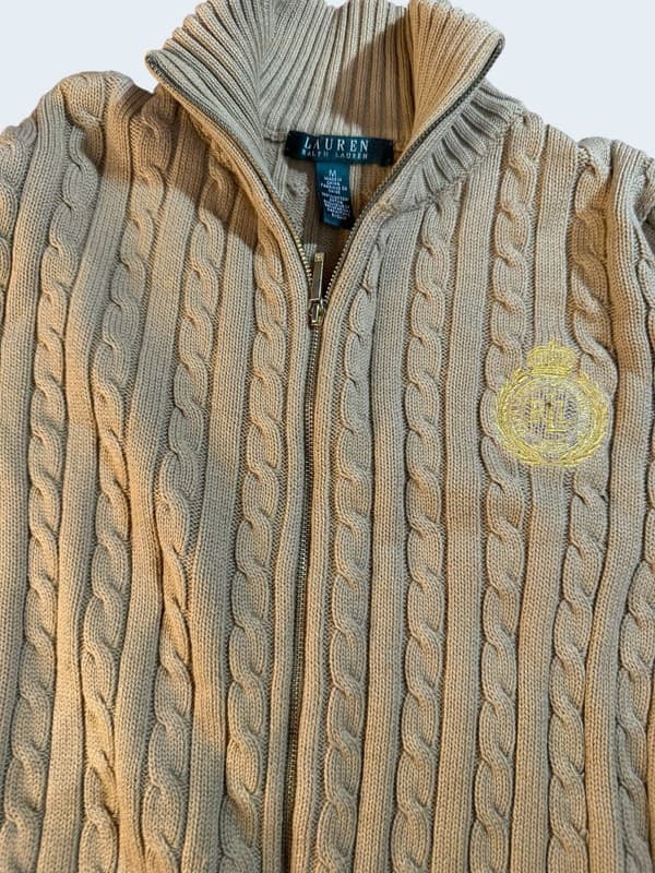 Lauren Ralph Lauren Women's Tan Cable Knit Full Zip Crest Cardigan Sweater M - Thumbnail 9