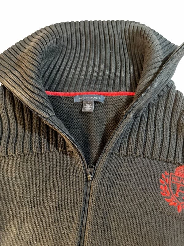 Tommy Hilfiger Women's Black Ribbed 1/4 Zip Cotton Knit Sweater w Red Crest Logo - Thumbnail 6