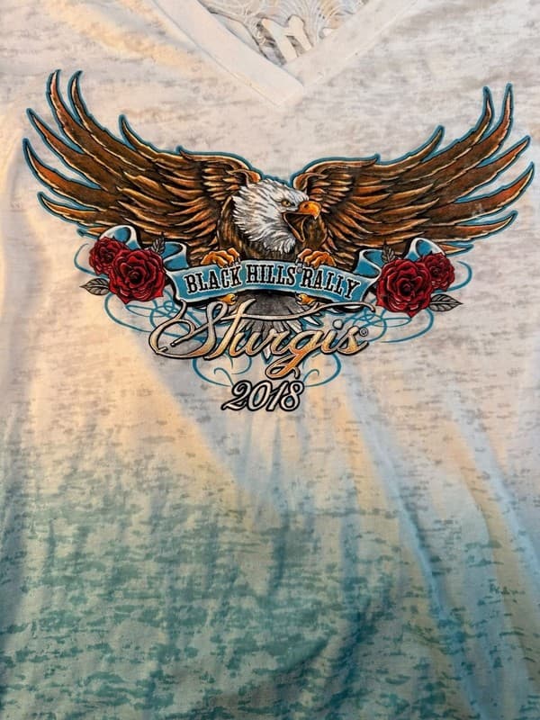 Womens Sturgis 2018 Black Hills Rally Eagle Graphic V-Neck T-Shirt Size L - Thumbnail 5