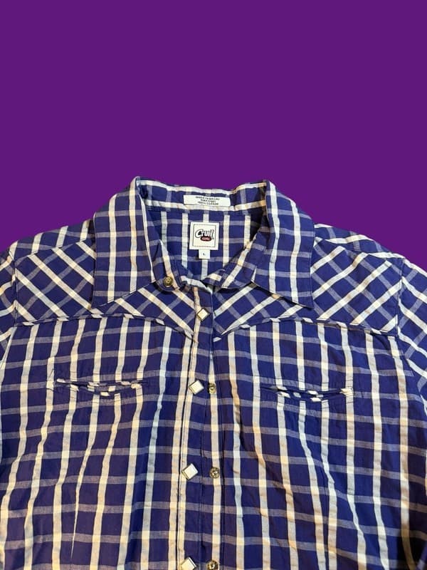 Cruel Girl Blue and White Plaid Western Pearl Snap Long Sleeve Shirt Size L - Thumbnail 5