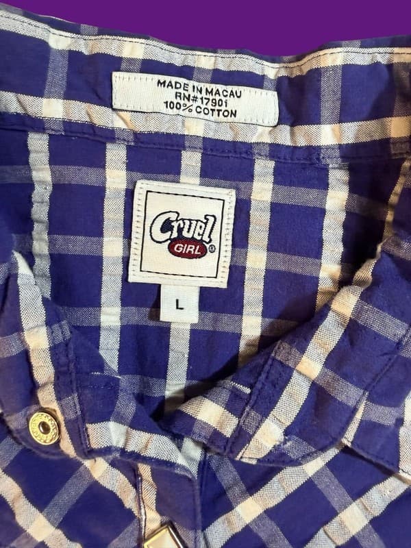 Cruel Girl Blue and White Plaid Western Pearl Snap Long Sleeve Shirt Size L - Thumbnail 3