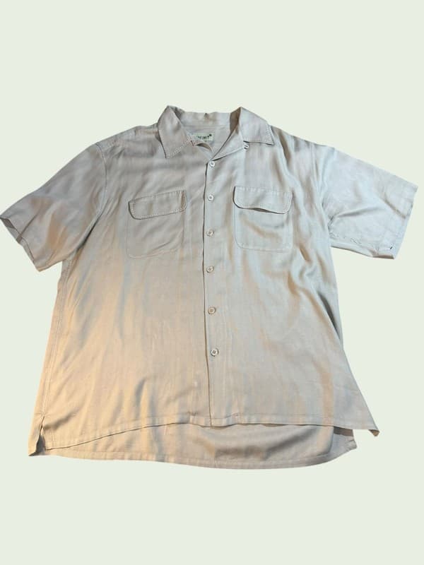 Vintage Paradise Cove 100% Silk Herringbone Camp Shirt Beige XL - Image 1