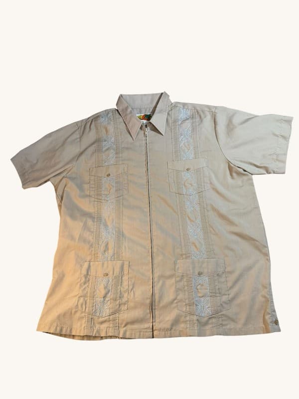 Vintage Haband Guayabera Zip-Up Short Sleeve Embroidered Shirt Beige Large - Image 1