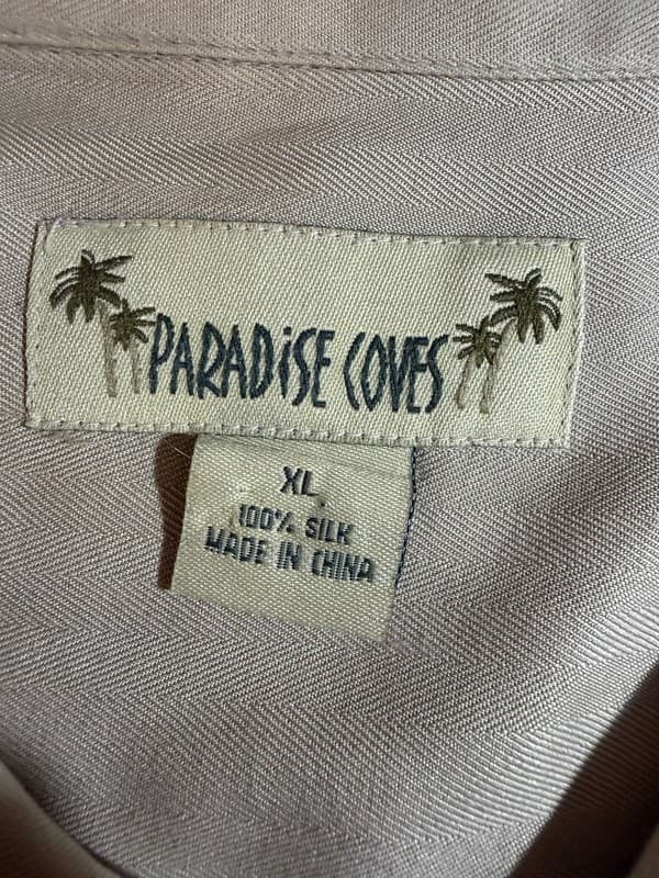 Vintage Paradise Cove 100% Silk Herringbone Camp Shirt Beige XL - Thumbnail 3