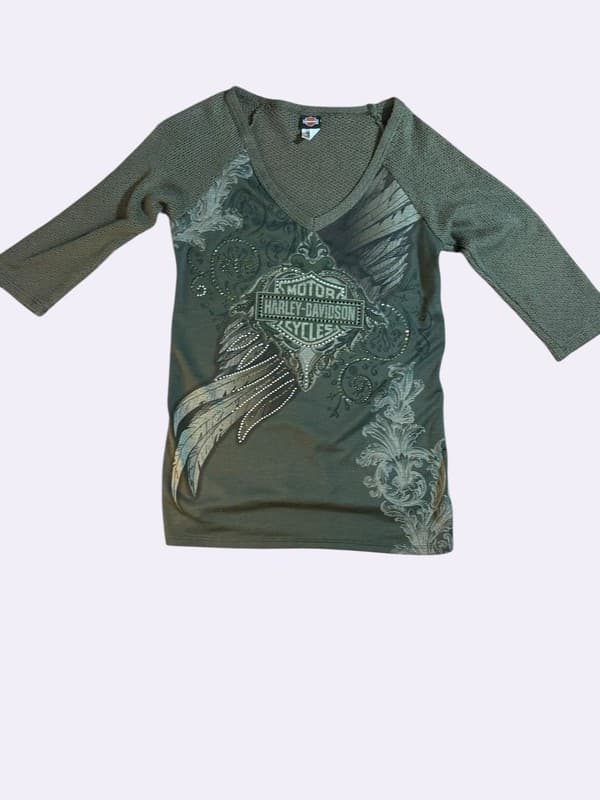 Harley-Davidson Women's Mixed Media Olive Green Rhinestone Wing Graphic Top - Image 1
