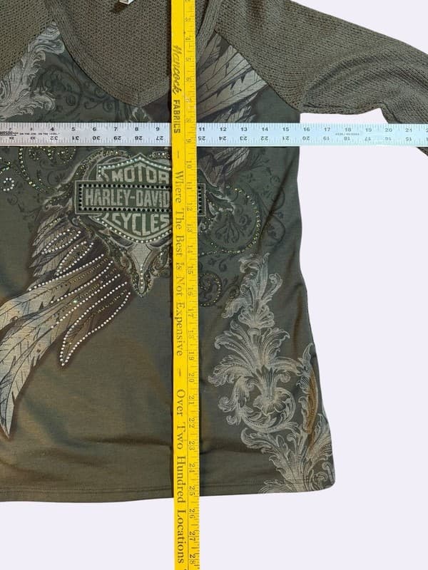 Harley-Davidson Women's Mixed Media Olive Green Rhinestone Wing Graphic Top - Thumbnail 5