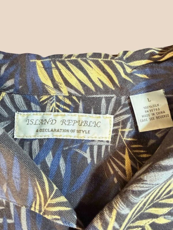 Island Republic Mens 100% Silk Tropical Leaf Print Short Sleeve Hawaiian Shirt L - Thumbnail 3