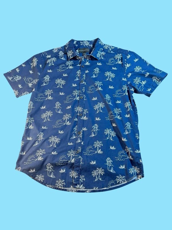 No Boundaries Men's Navy Blue Mermaid and Palm Tree Island Print Button Up Shirt - Image 1