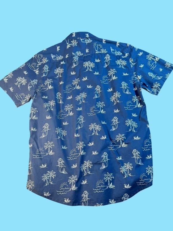 No Boundaries Men's Navy Blue Mermaid and Palm Tree Island Print Button Up Shirt - Thumbnail 2