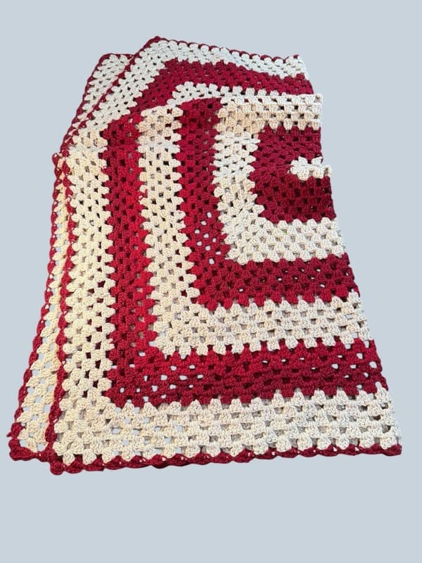 Vintage Maroon and Cream Granny Square Crochet Afghan Throw Blanket - Thumbnail 2