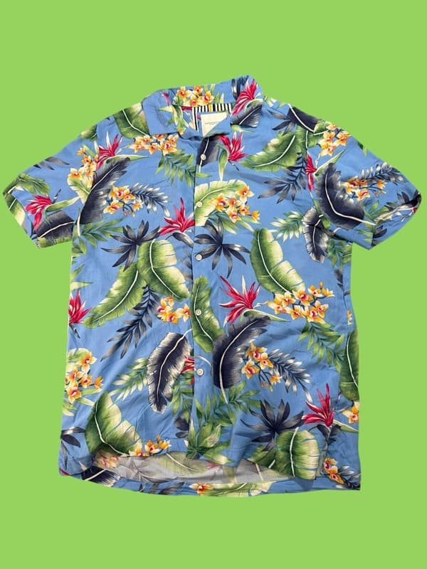 Denim & Flower Ricky Singh Mens Blue Floral Birds of Paradise Short Sleeve Butto - Image 1