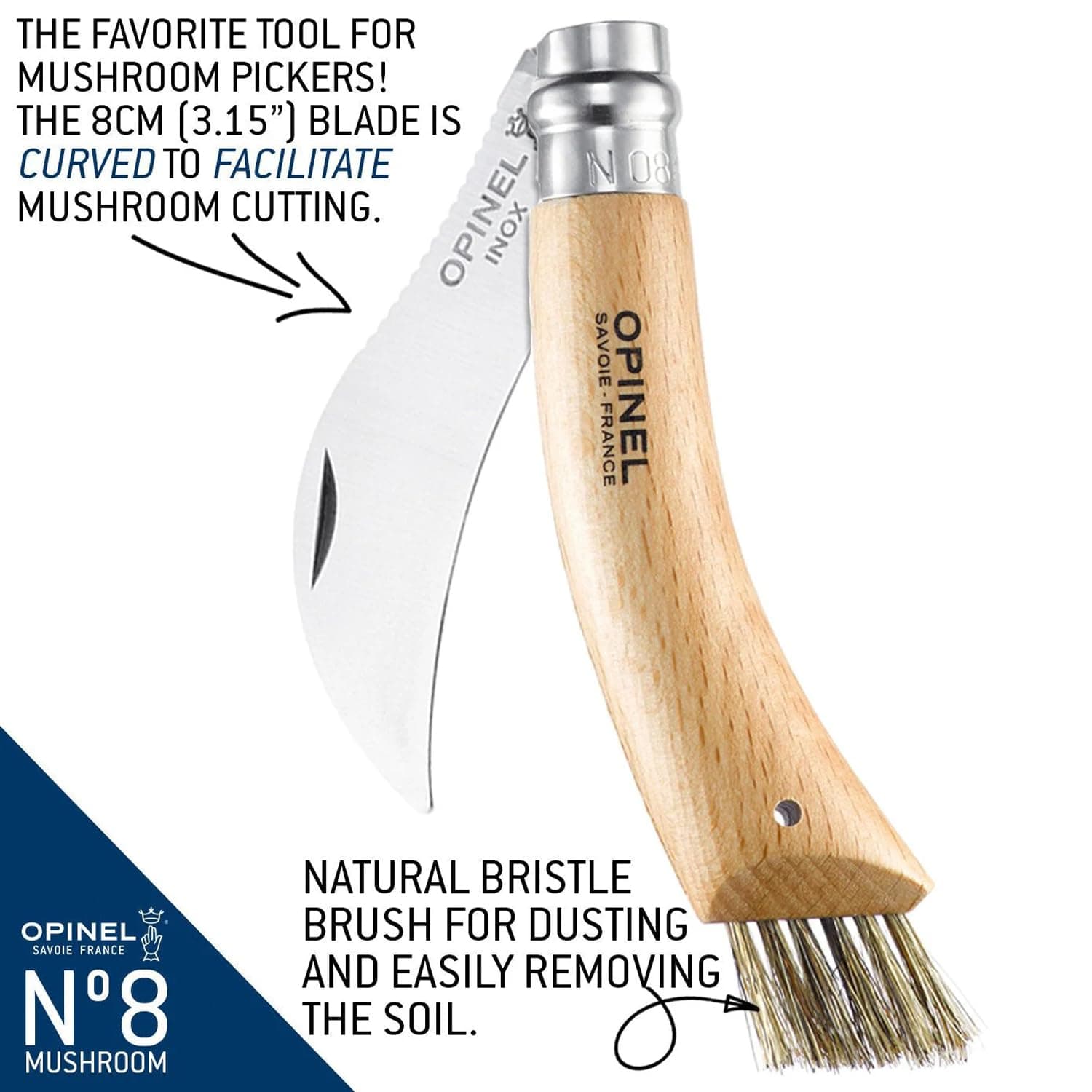 Opinel No. 08 Mushroom Knife - Beechwood Handle, Sandvik Steel, Integrated Brush - Thumbnail 3