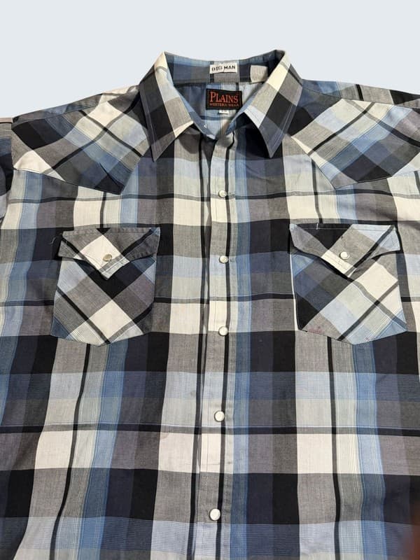 Plains Western Wear Mens 2X Pearl Snap Short Sleeve Western Shirt Blue Black Gra - Thumbnail 4
