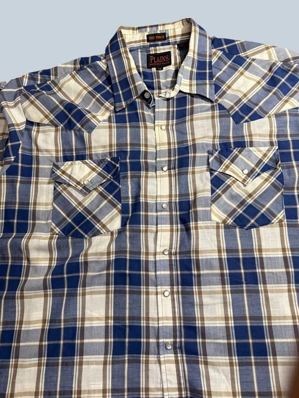 Plains Western Wear Men's Big Man Blue Plaid Short Sleeve Pearl Snap Shirt 2X - Thumbnail 6