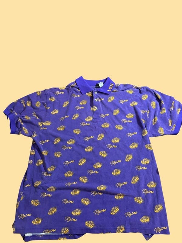 Vintage Chiliwear LSU Tigers All Over Print Purple Polo Shirt 3XLT - Image 1