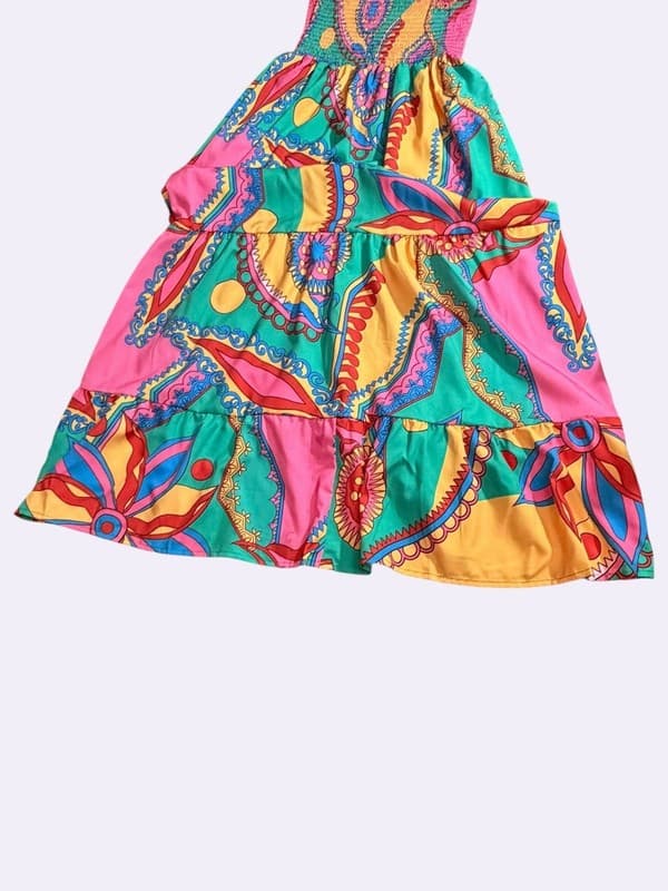 Sun Day Up Women's Colorful Boho Paisley Print Smocked Tiered Maxi Sundress - Thumbnail 3