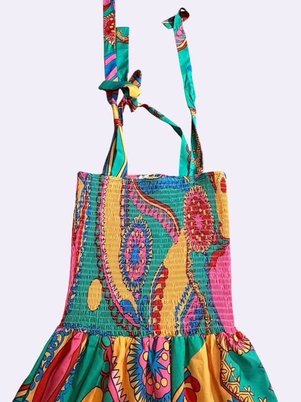 Sun Day Up Women's Colorful Boho Paisley Print Smocked Tiered Maxi Sundress - Thumbnail 4