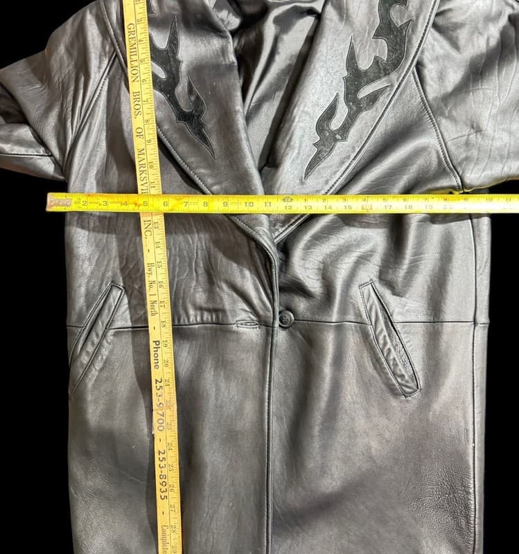 LNR Black Leather Coat Flame Lapel Y2K Vintage Large - Thumbnail 7