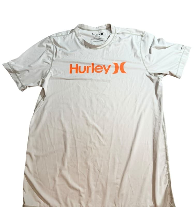 Hurley Men's Short Sleeve Rash Guard, Light Grey/Orange, Size XL — UPF 50+ - Image 1