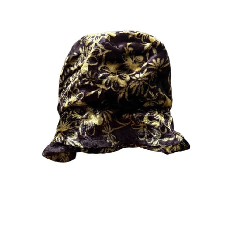 Y2K Brown Gold Floral Velvet Bucket Hat Soft Viscose Made in India - Image 1