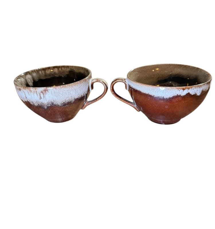 Vintage Brown Drip Glaze Stoneware Tea Cups Pair Mid Century - Thumbnail 2