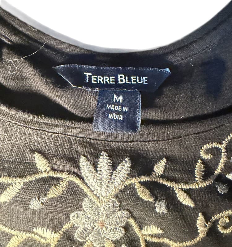 Terre Bleue Women’s Black Embroidered Tunic Top Size M Asymmetrical Hem - Thumbnail 4