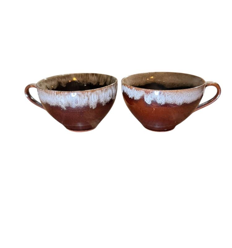 Vintage Brown Drip Glaze Stoneware Tea Cups Pair Mid Century - Image 1