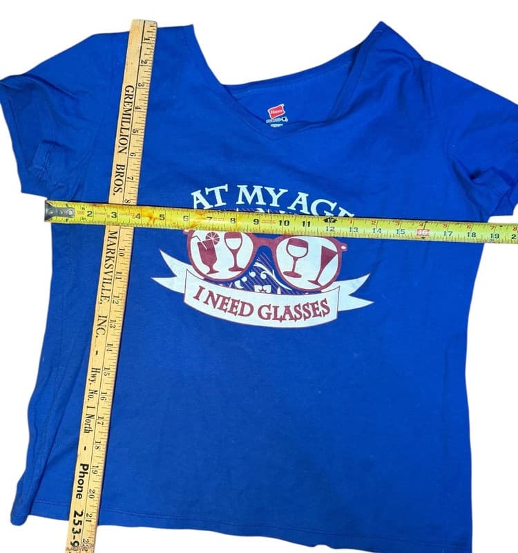 Hanes Nano-T Women’s Blue V-Neck Graphic Tee “At My Age I Need Glasses” Si - Thumbnail 4