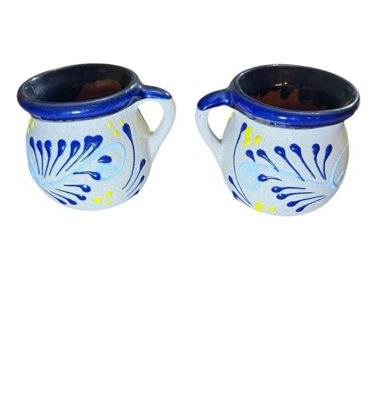 Handmade Mexican Folk Art Stoneware Mugs Set of 2 Blue Yellow - Image 1