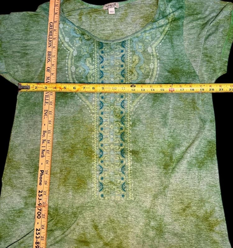 One World Women’s Large Green Tie Dye Short Sleeve Scoop Neck Boho Top - Thumbnail 4