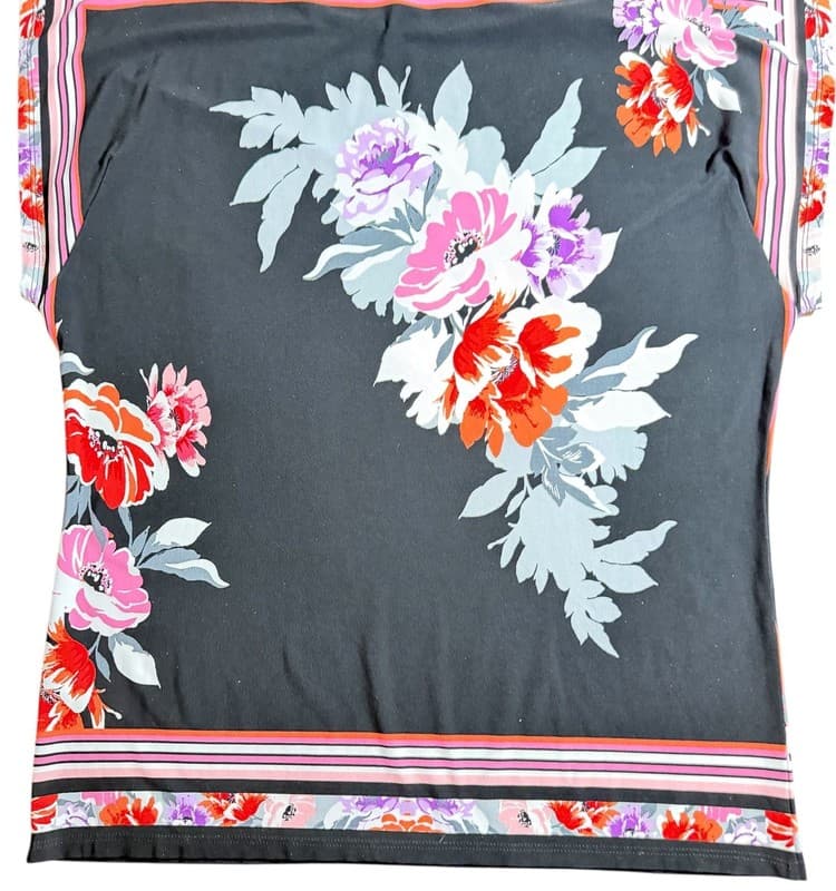 Investments Floral Blouse Women’s Medium Black Pink Border Print Top - Thumbnail 2