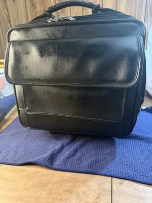 Black Leather Rolling Wheeled Laptop Briefcase Mobile Office Pilot Case - Thumbnail 18