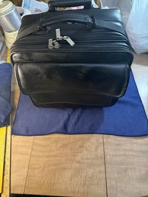 Black Leather Rolling Wheeled Laptop Briefcase Mobile Office Pilot Case - Thumbnail 17