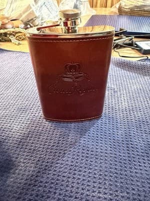 Crown Royal 8oz Stainless Steel Hip Flask Brown Leather Wrap NEW Never Used - Thumbnail 3