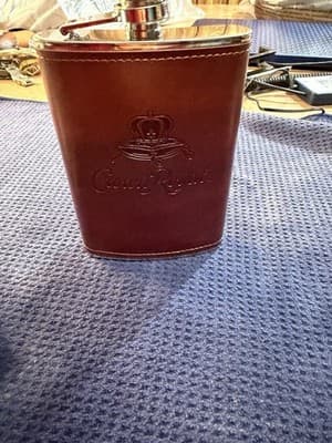 Crown Royal 8oz Stainless Steel Hip Flask Brown Leather Wrap NEW Never Used - Thumbnail 2