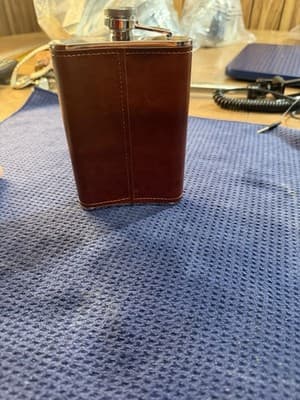 Crown Royal 8oz Stainless Steel Hip Flask Brown Leather Wrap NEW Never Used - Thumbnail 6