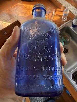 Antique Cobalt Blue Milk of Magnesia Bottle Chas H Phillips Chemical Co - Thumbnail 2