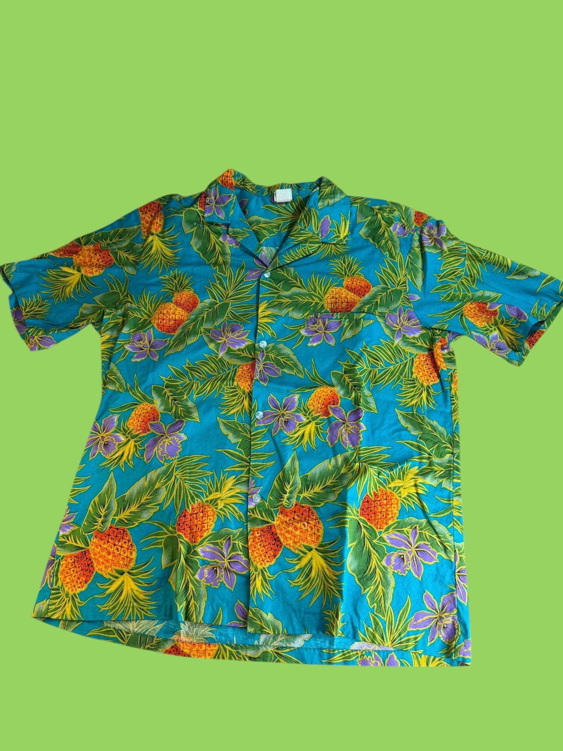 Vintage Royal Creations Hawaii Aloha Shirt XL Teal Pineapple Print Made in Hawaii USA Camp Collar - Image 1