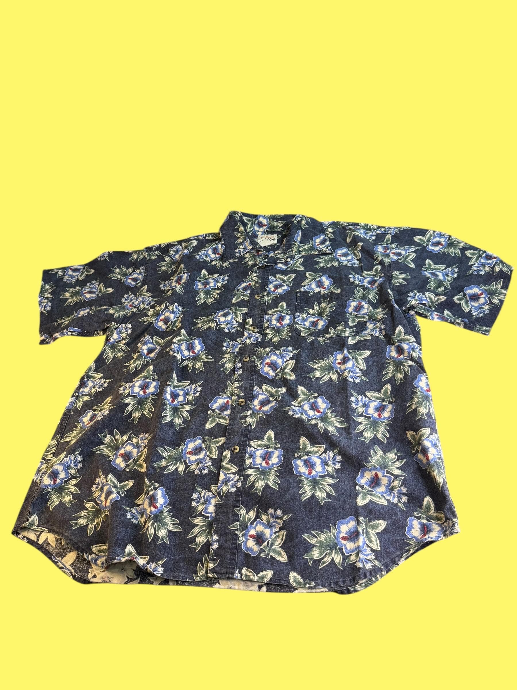 Vintage Red Eye Hawaiian Shirt XL | 90s Floral Denim Blue Chambray Button Down | Tropical Hibiscus Print Short Sleeve Cotton Aloha Shirt Men - Image 1